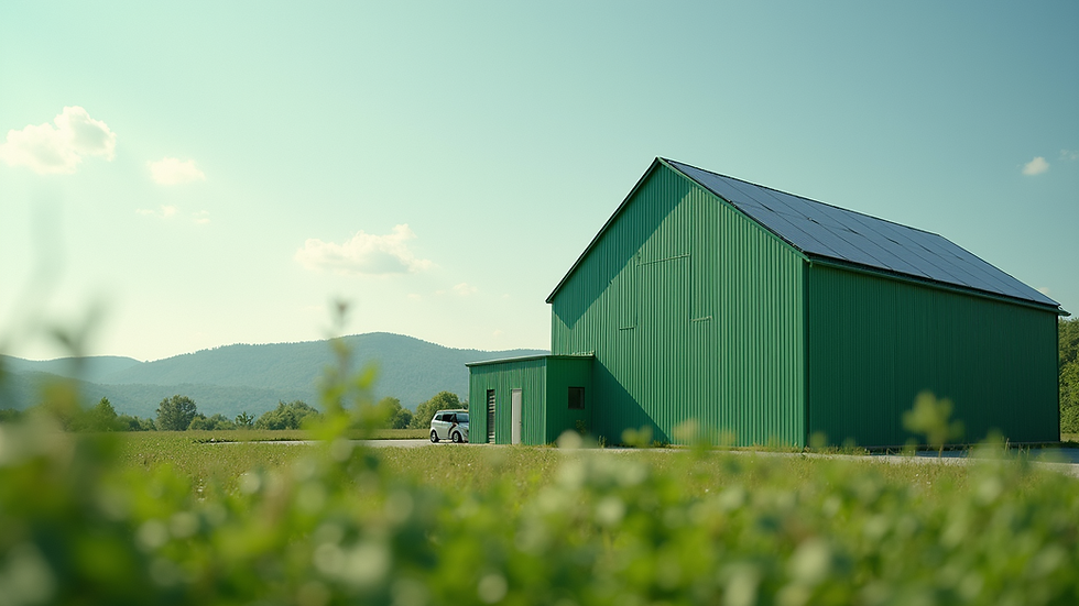 Wide angle view of a green building with solar panels