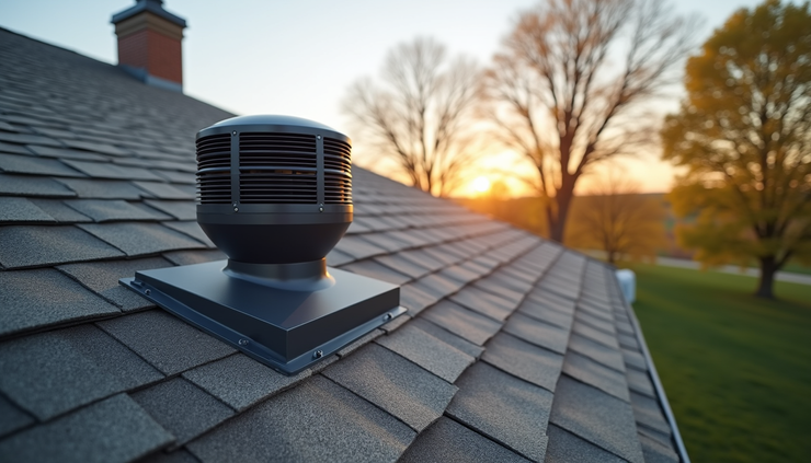 High angle view of a radon mitigation fan installed on the roof of an Iowa home