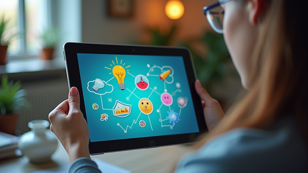 Close-up of a tablet showing a colourful interactive science lesson