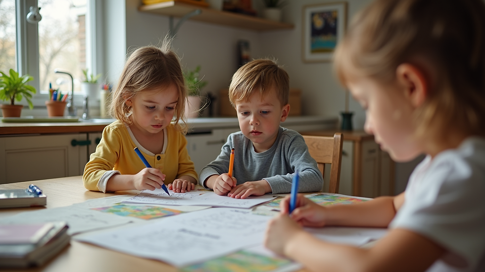 High angle view of a family working together on a homeschool project at a kitchen table