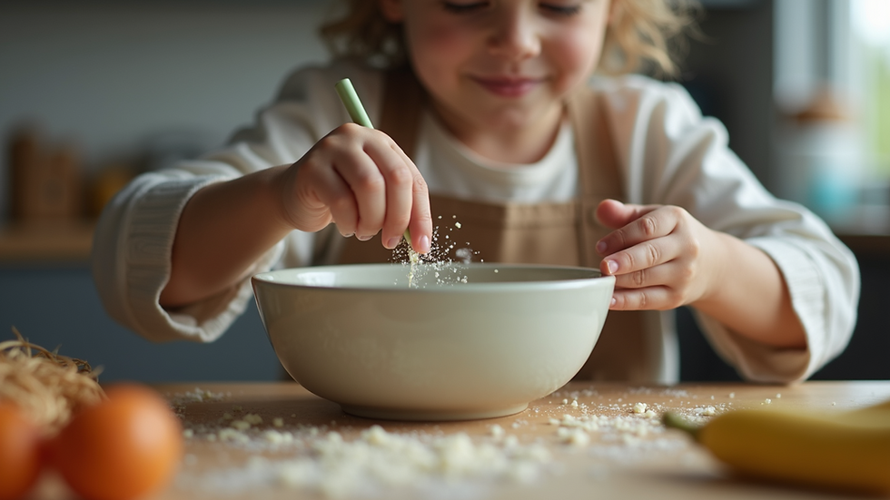 Close-up view of a child mixing ingredients in a bowl during a cooking activity