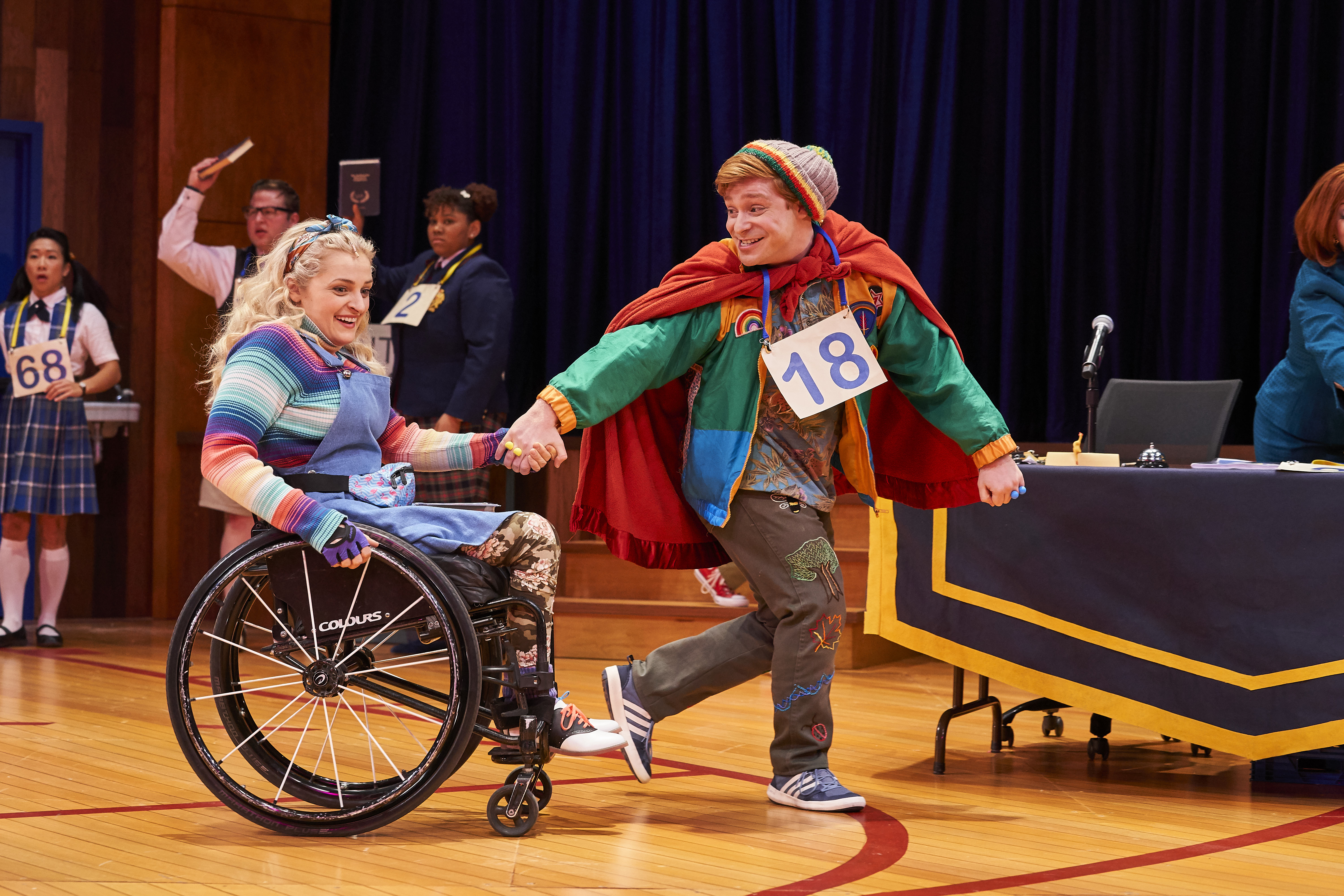 Ali Stroker as Olive and Lee as Leaf Coneybear in the 25th Annual Putnam County Spelling Bee