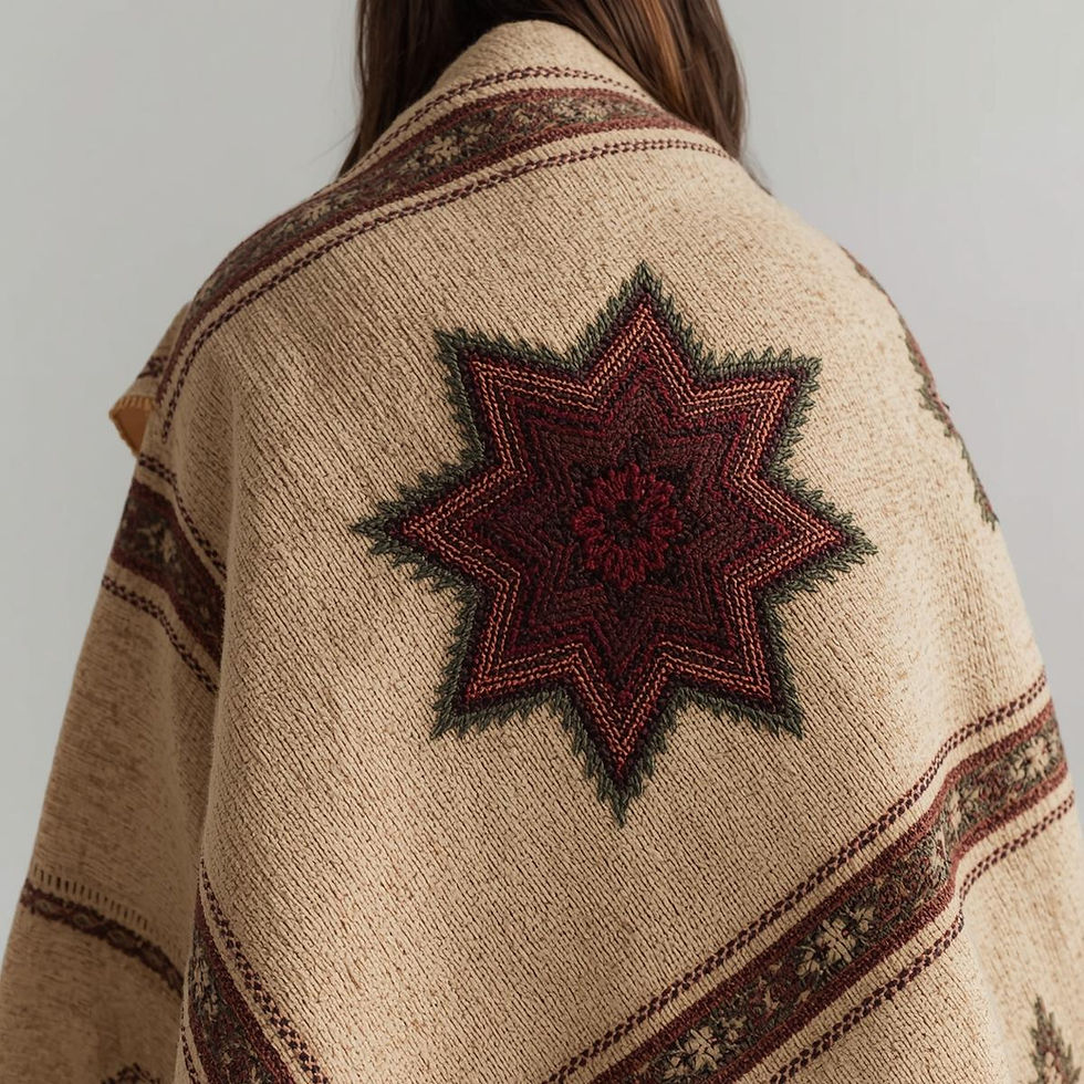 Handwoven textile worn as a shawl, featuring an embroidered Selçuk star motif and traditional patterns rooted in cultural design.