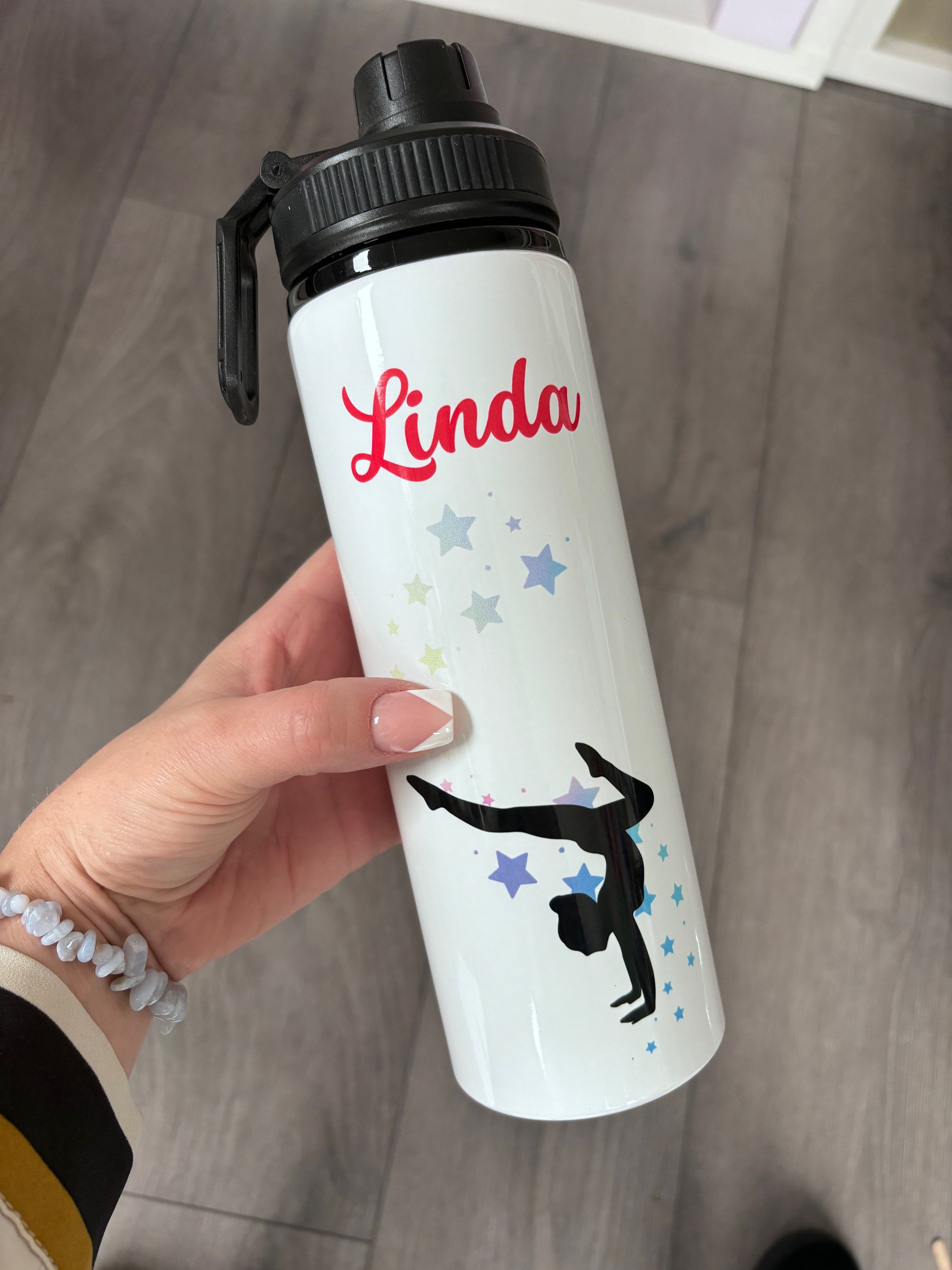 Personalised gymnast water bottle, gymnastics drinks bottle gift.