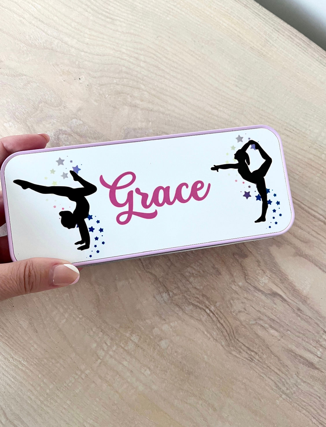 Personalised Gymnastics pencilcase / stationery tin.