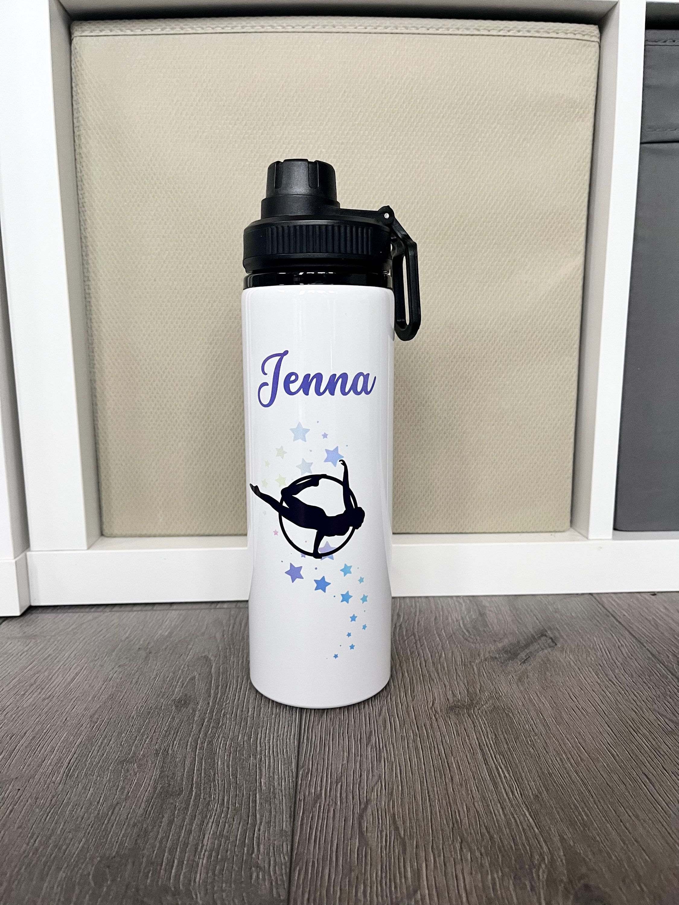 Personalised aerial hoop gymnast water bottle.