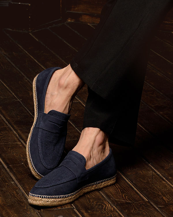 men loafers espadrilles nubuck leather dark blue color