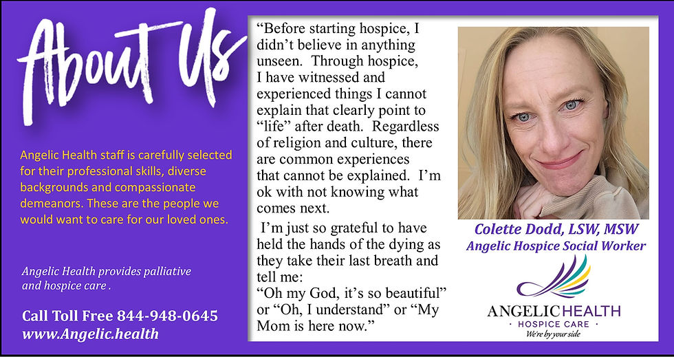 Compassionate Care at Angelic Health: Dedicated professionals like Social Worker Colette Dodd with diverse skills and deep empathy support patients and families in their hospice journey, offering comfort and understanding in life's most profound moments.