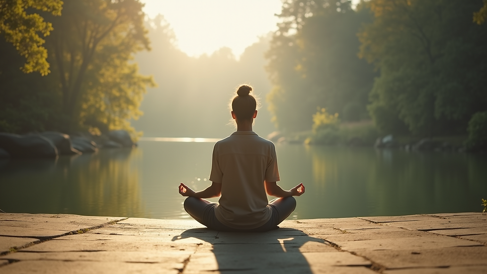 Eye-level view of a person meditating in a serene environment