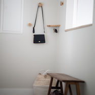 Custom build, bench, wall hooks, coat hooks, corridor, walkway, shoes, storage, wood, natural