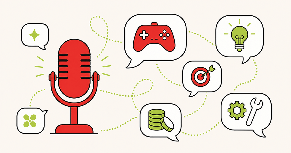 Ilustração vetorial sobre perguntas da plateia no painel de game dev: microfone vermelho cercado por balões de fala com ícones de controle, lâmpada, alvo e moedas.