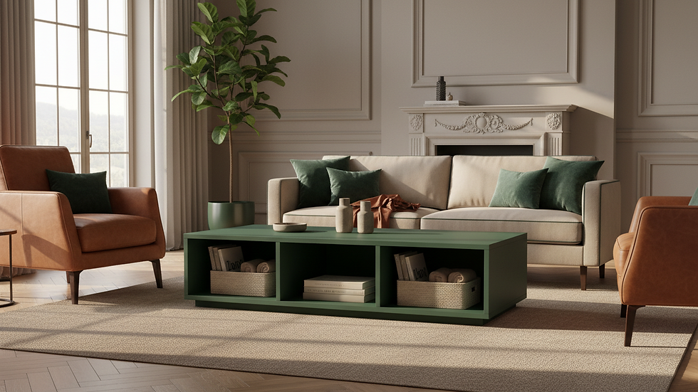 Eye-level view of modern coffee table with storage compartments in a bright living room