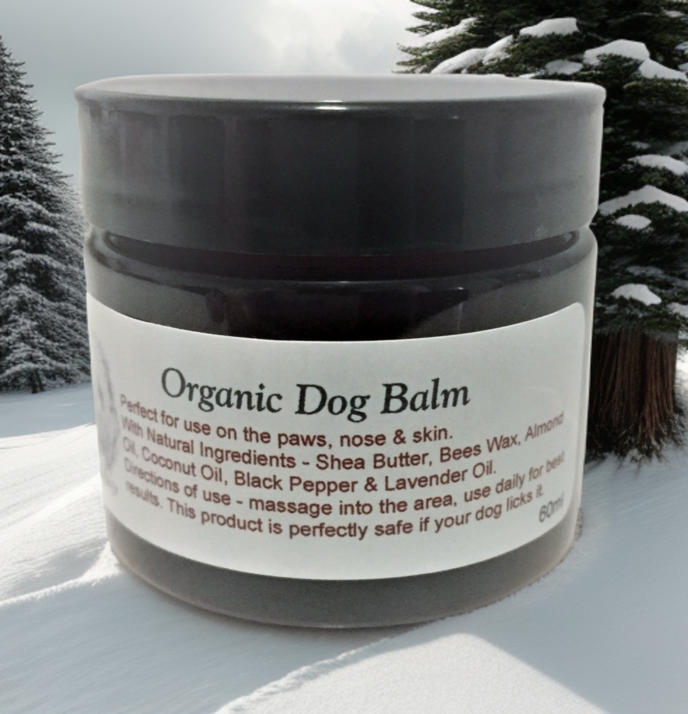 A dark container, Henry & Co Organics logo on label, Organic Dog Balm, 50ml
