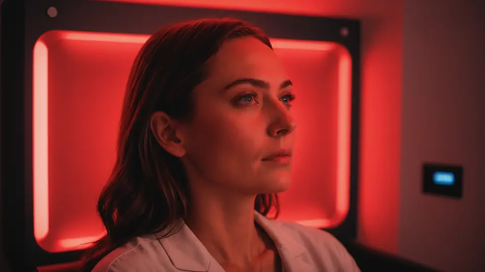 Eye-level view of an individual enjoying a red light therapy session