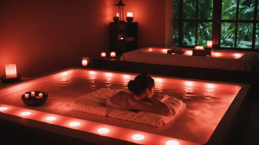 High angle view of a cozy spa setting with red light therapy equipment