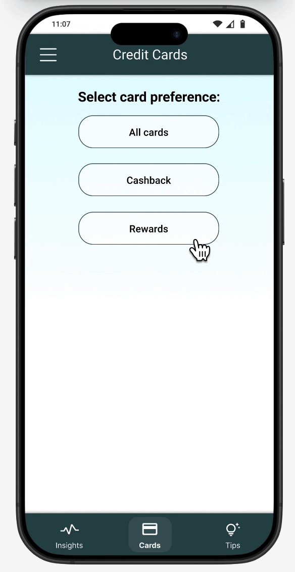 A GIF navigating through the credit card feature
