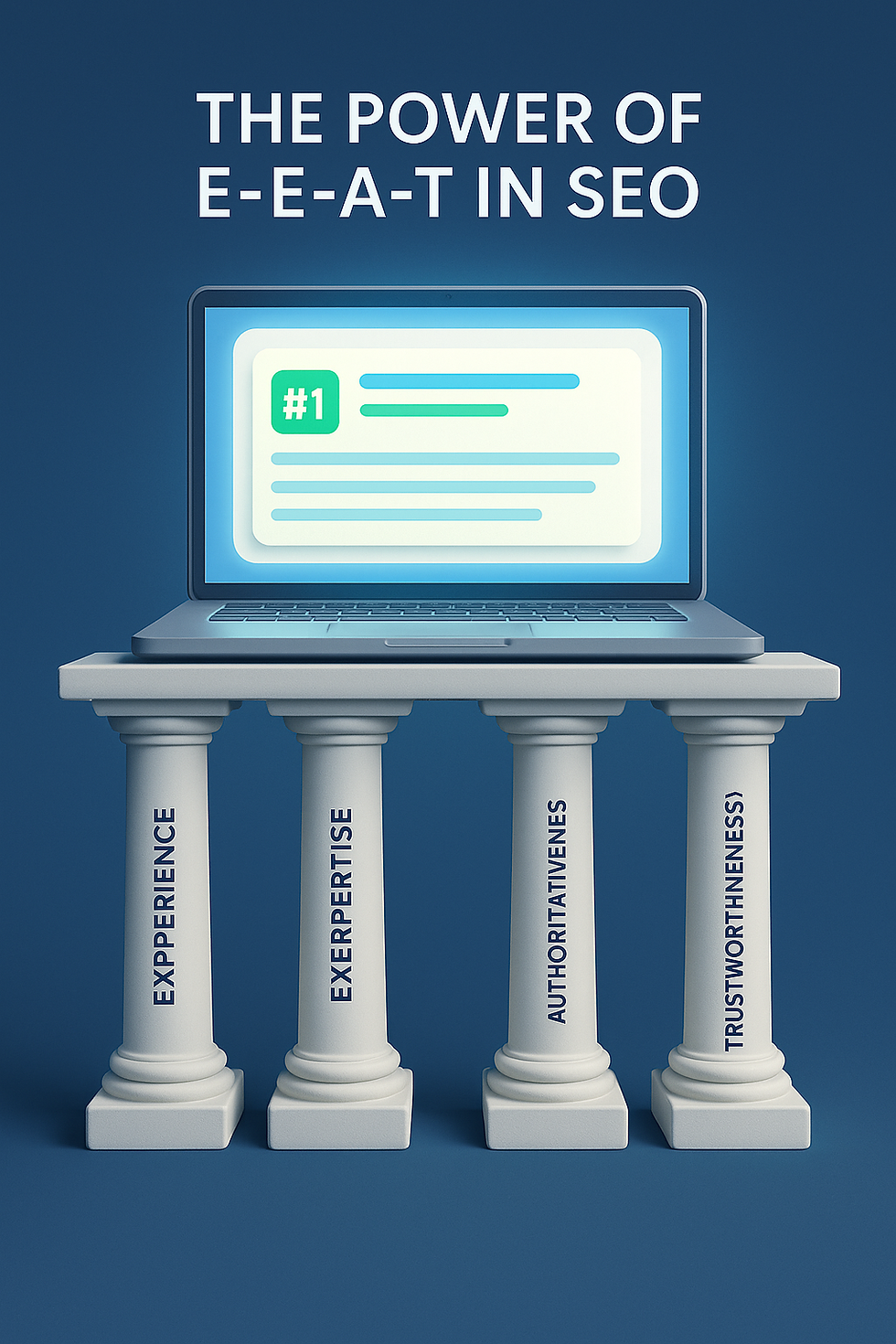 Clean 3D render showing four solid white pillars labeled Experience, Expertise, Authoritativeness, and Trustworthiness holding up a laptop screen with a glowing #1-ranked search result. The image represents Google’s E-E-A-T framework as the pillars of strong SEO performance.
