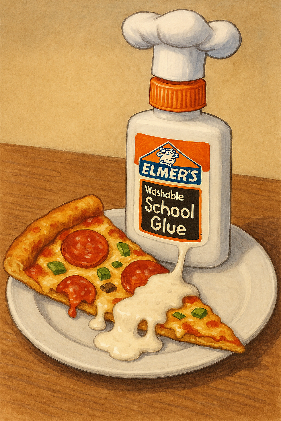 A satirical illustration of a pizza slice with a bottle of Elmer's glue wearing a chef's hat, dripping onto it. Represents a famous AI Overviews error where glue was suggested to keep cheese on pizza.