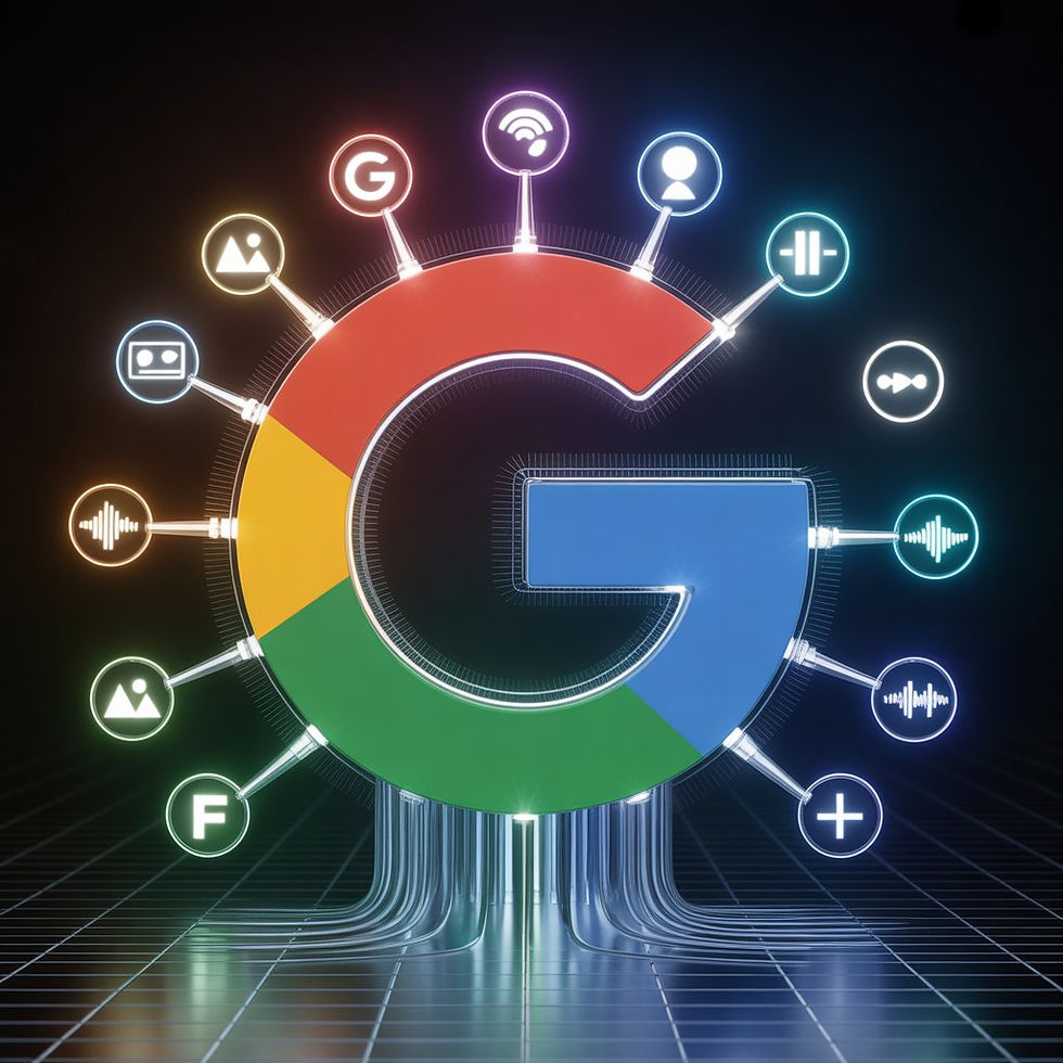 Illustration of Google’s “G” logo surrounded by glowing icons representing search, images, voice, video, and data, visualizing how Google MUM integrates multiple content types and formats into one unified AI search system.