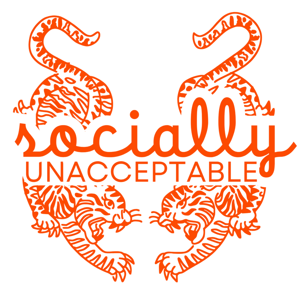 Socially Unacceptable logo in bold orange with ornamental fish design