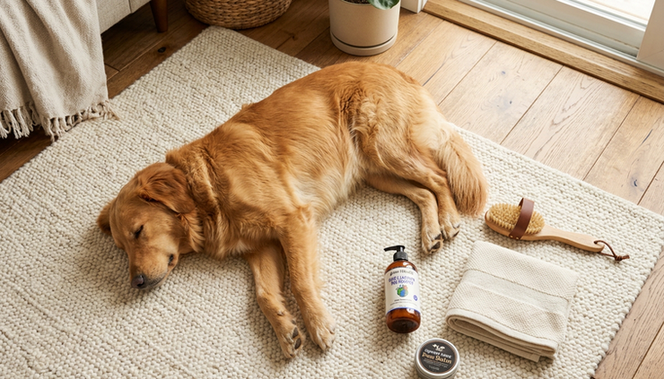 Overhead view of dog grooming tools arranged beside a relaxed dog.