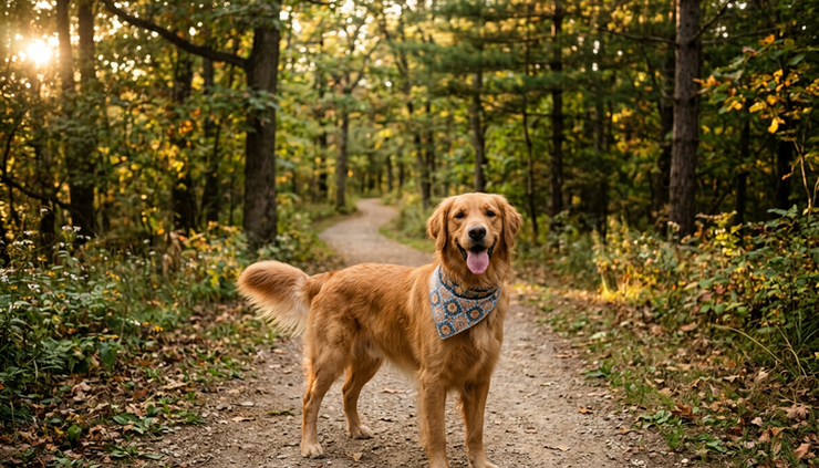 Wide-angle view of a dog wearing a patterned bandana on a park path.
