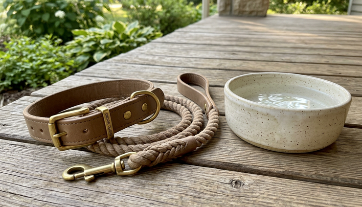 Close-up of a dog leash and collar set resting beside a water bowl.