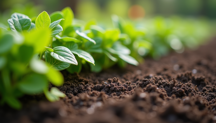 Close-up view of mulch layer protecting soil around garden plants