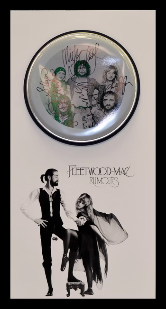 Custom Fleetwood Mac Rumours album display featuring a signed drumhead and album artwork professionally framed as music memorabilia in Roswell, GA.