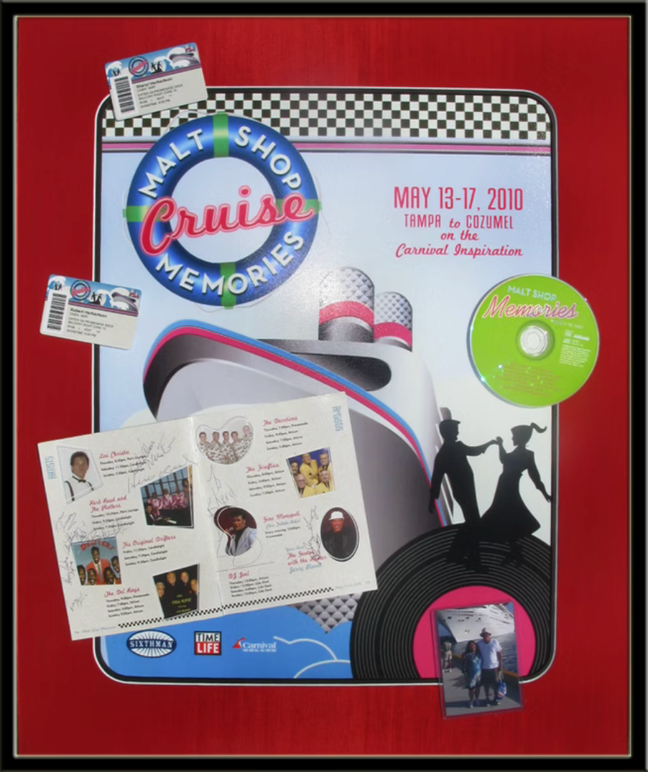 Custom vacation memories shadow box featuring cruise memorabilia, photographs, tickets, cruise card, CD, and keepsakes professionally preserved and framed.