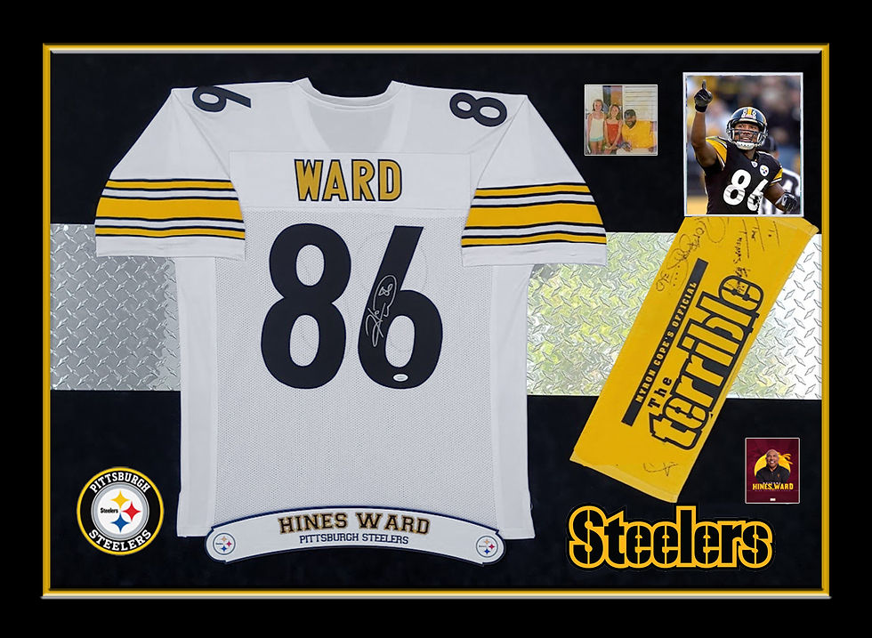 Custom framed Hines Ward Pittsburgh Steelers autographed jersey with Terrible Towel and photos in a professional sports memorabilia display.