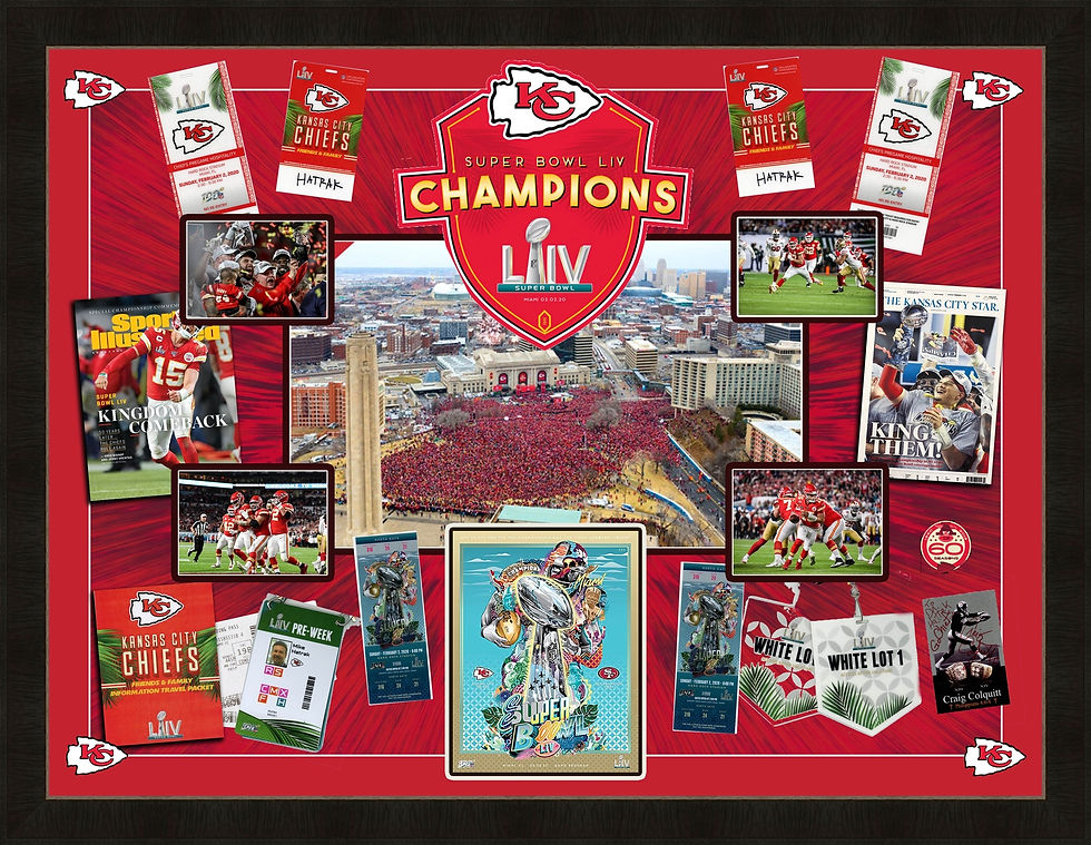 Large custom framed Kansas City Chiefs Super Bowl LIV memorabilia collage featuring tickets, photos, magazines, and championship collectibles.