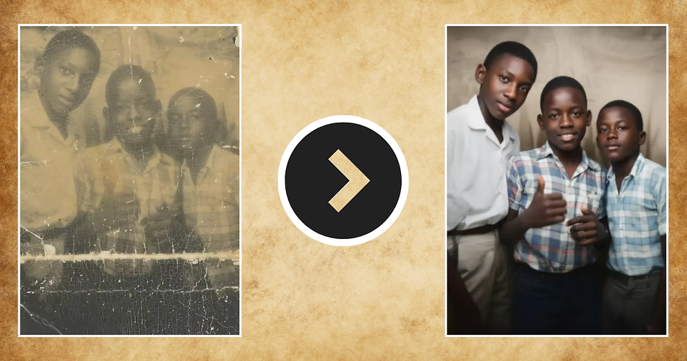 Photo restoration services before and after showing a severely damaged family photograph professionally restored with enhanced color and clarity.