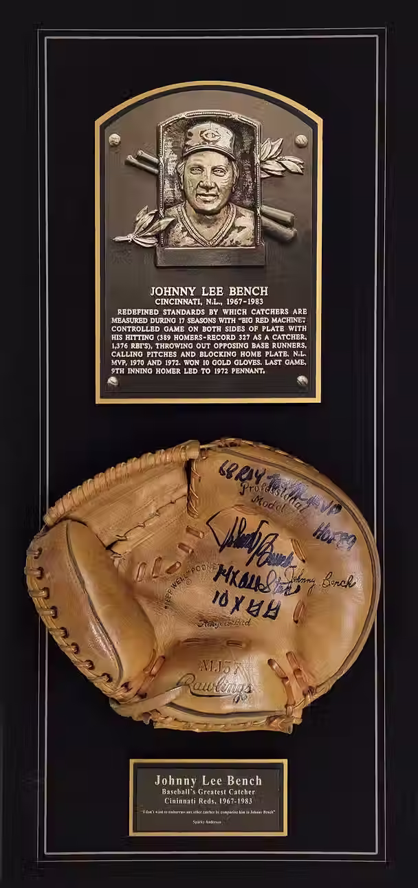 Custom shadow box displaying Johnny Bench signed Rawlings catcher’s mitt and Hall of Fame plaque with museum-quality framing by Regency Fine Art & Frame.