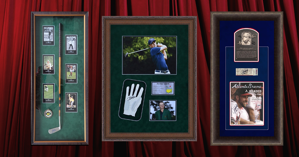 Custom framing for sports memorabilia including golf collectibles, signed equipment, and baseball keepsakes