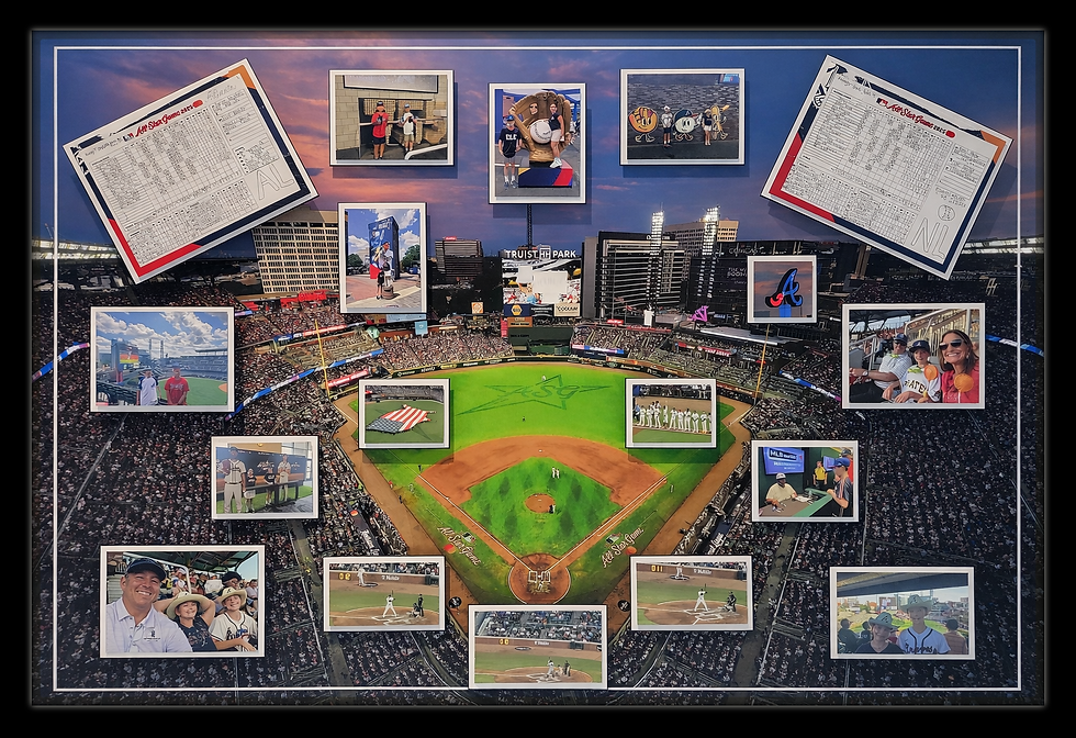 Custom Atlanta Braves baseball memory shadow box displaying family photos, scorecards, game tickets, and Truist Park memorabilia professionally framed in Roswell, GA.