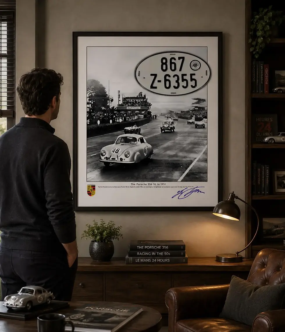 Porsche 356 SL Le Mans racing print professionally framed and displayed in a luxury office, celebrating one of Porsche’s most important motorsport achievements.