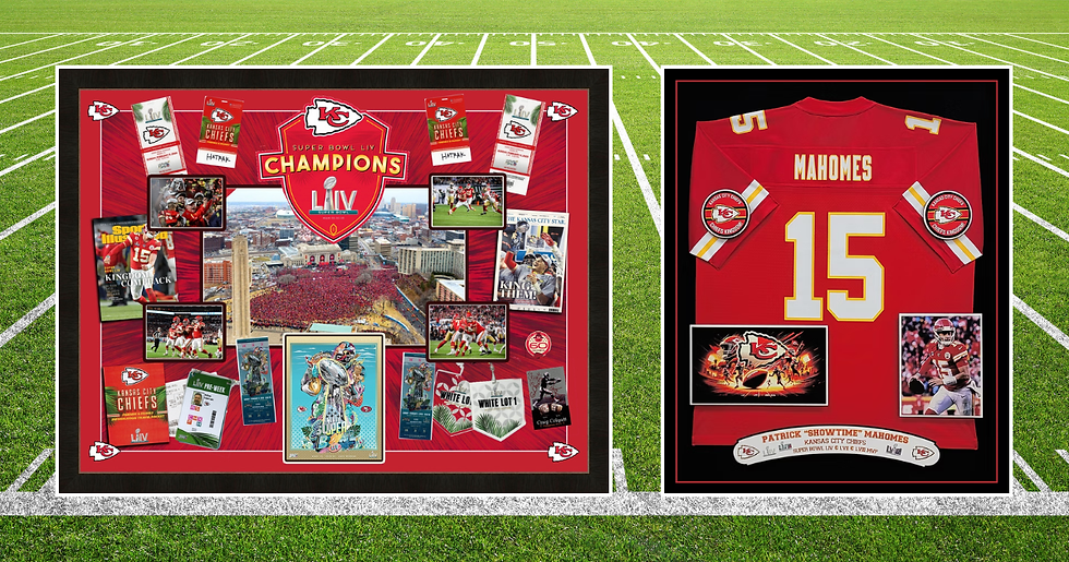 Custom framed Kansas City Chiefs Super Bowl memorabilia display featuring tickets, programs, photos, collectibles, and a Patrick Mahomes jersey at Regency Fine Art & Frame.