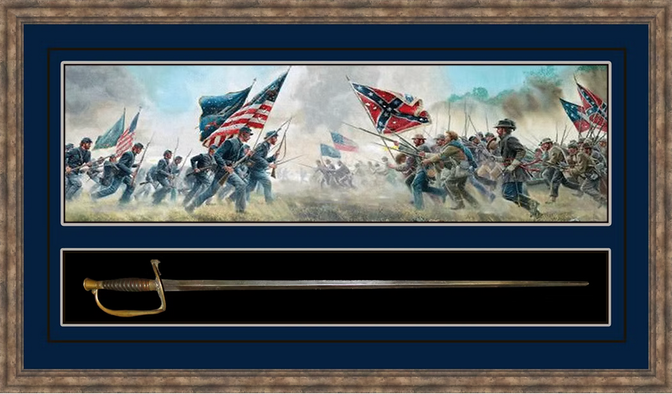 Custom Civil War shadow box featuring a historic battle artwork and antique cavalry sword professionally framed by Regency Fine Art & Frame in Roswell, GA.