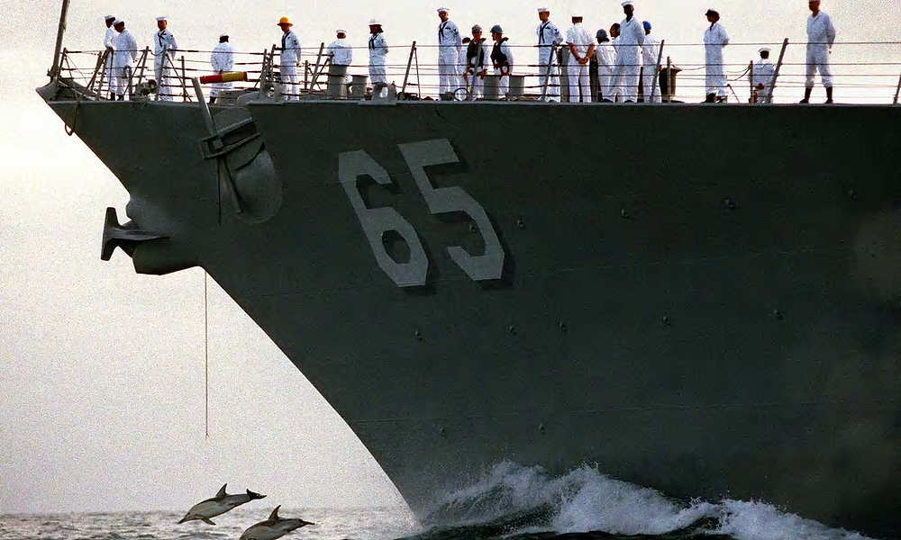 Dolphins in front of U.S. Navy ship. Photograph: Mark Wilson/Reuters.