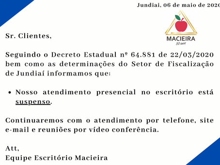 Comunicado - Atendimento presencial suspenso
