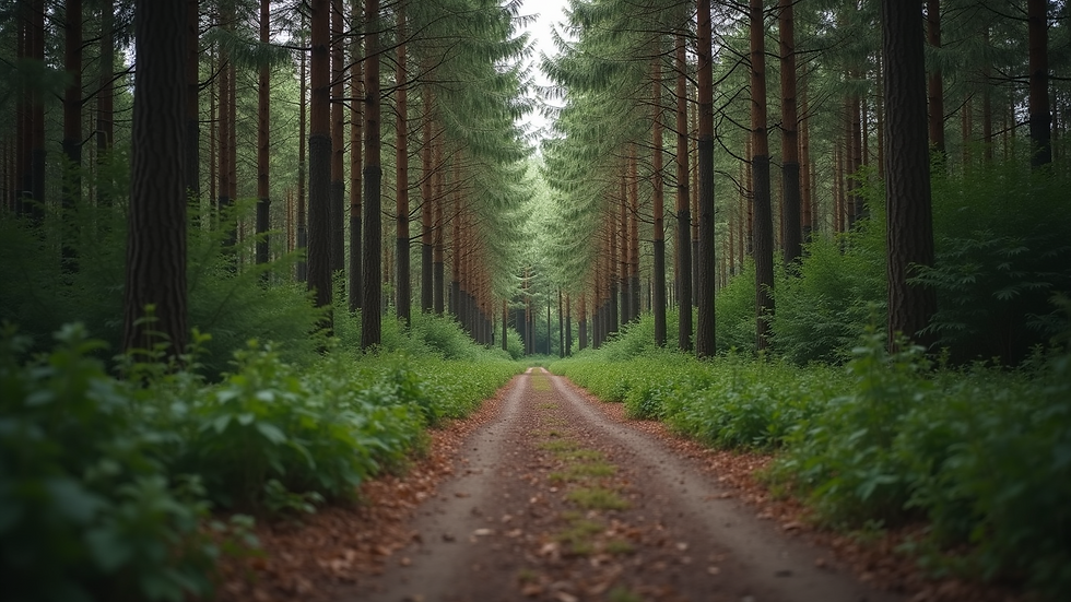 Eye-level view of a serene forest path surrounded by tall trees