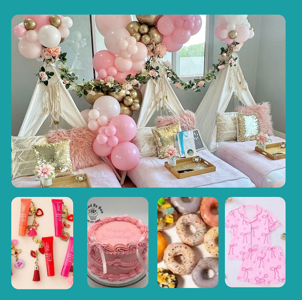 Complete Sleepover birthday package with themed teepees, balloons, matching pajamas, cake and donuts