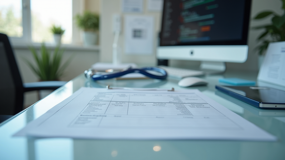Eye-level view of a medical office with billing documents and a computer