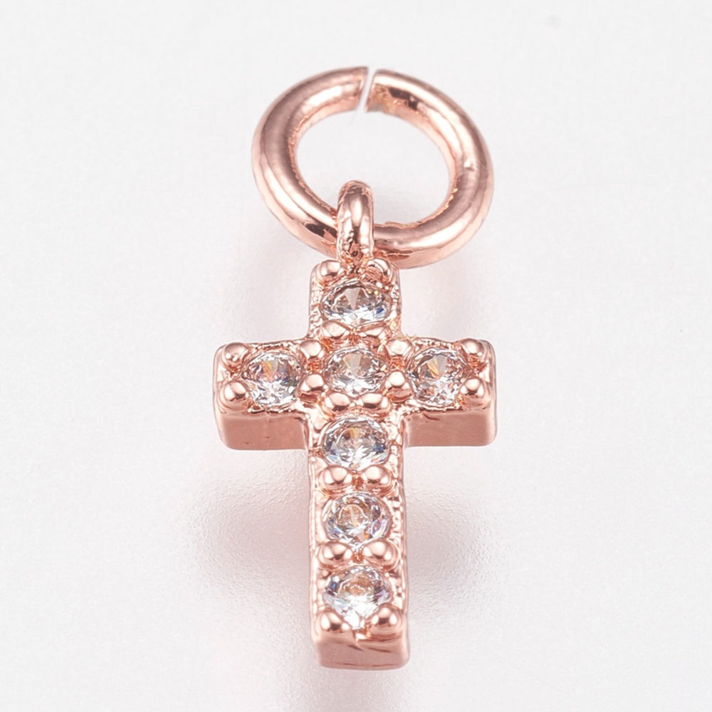 9x5mm Rose Gold Brass Micro Pave Cubic Zirconia Charms, Cross 5pcs