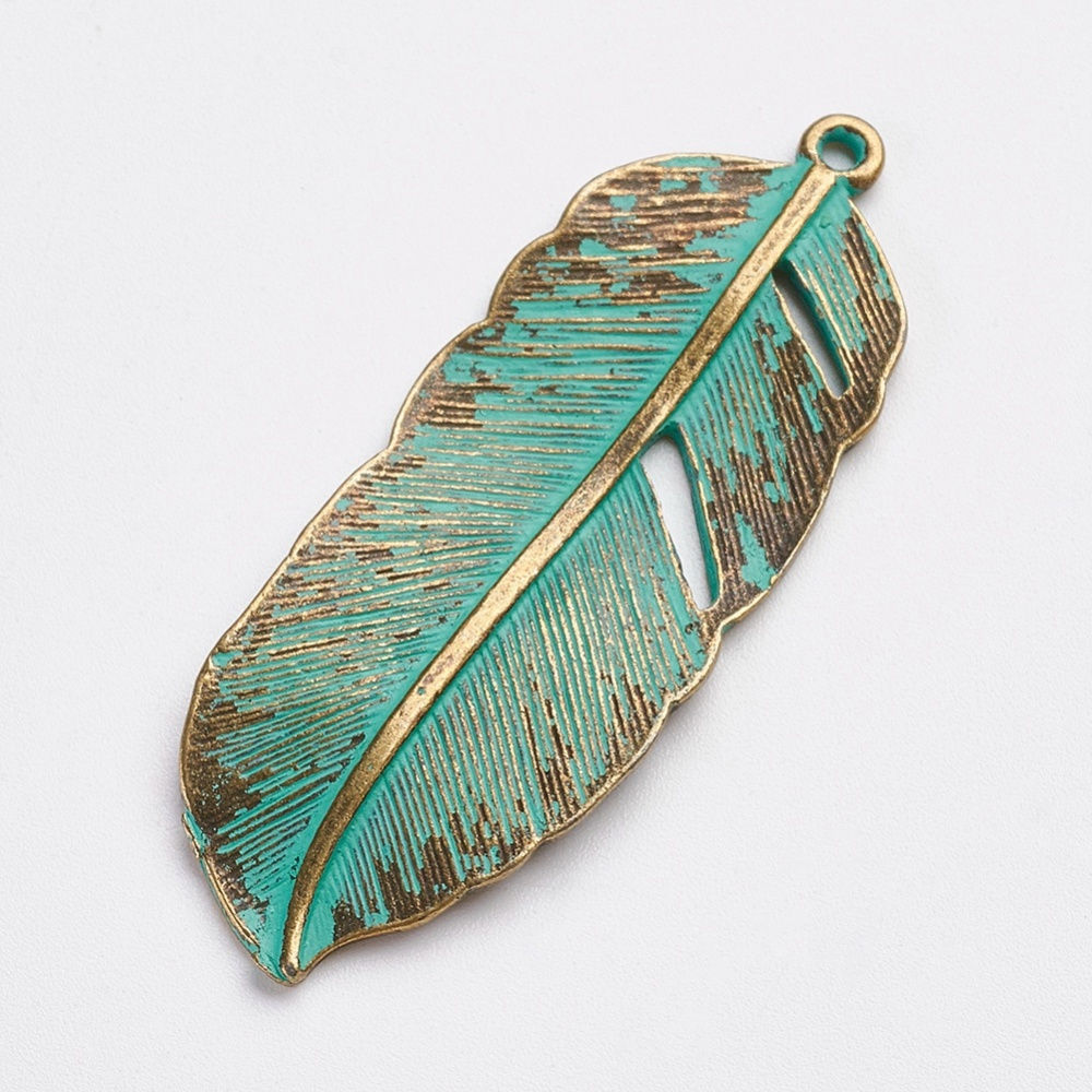 44x17mm Antique Bronze & Green Patina Alloy Feather Pendant 1pcX-PALLOY-F187-05A