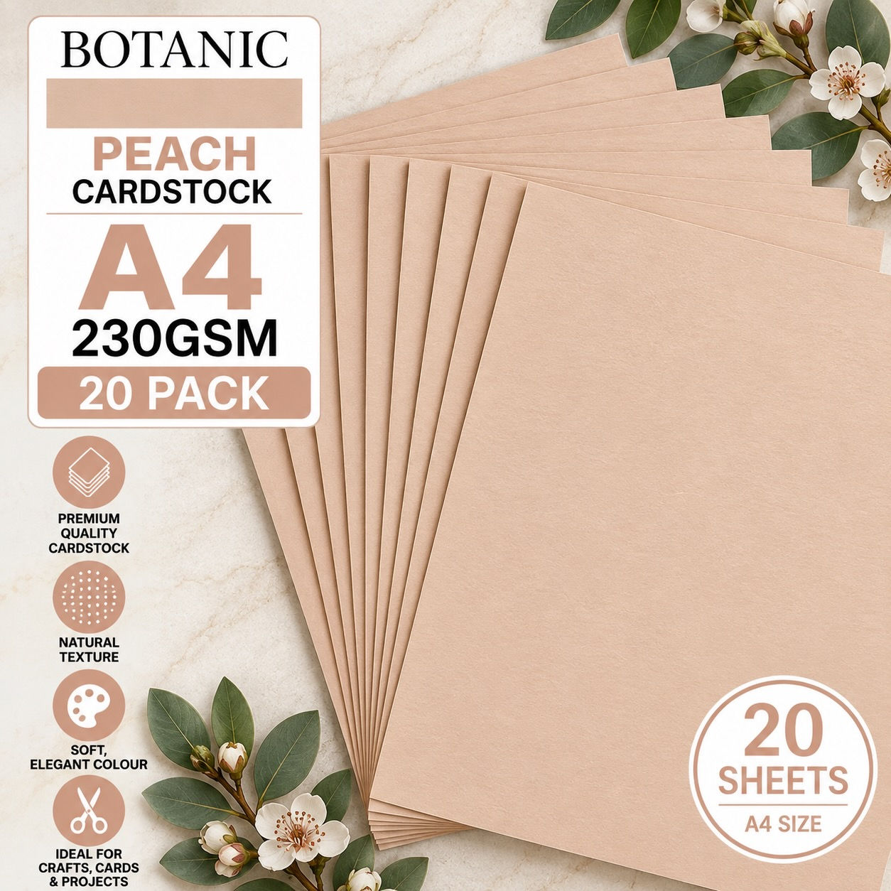 Botanic Peach A4 Cardstock 230gsm 20 Sheets Apricot Textured Card 223602