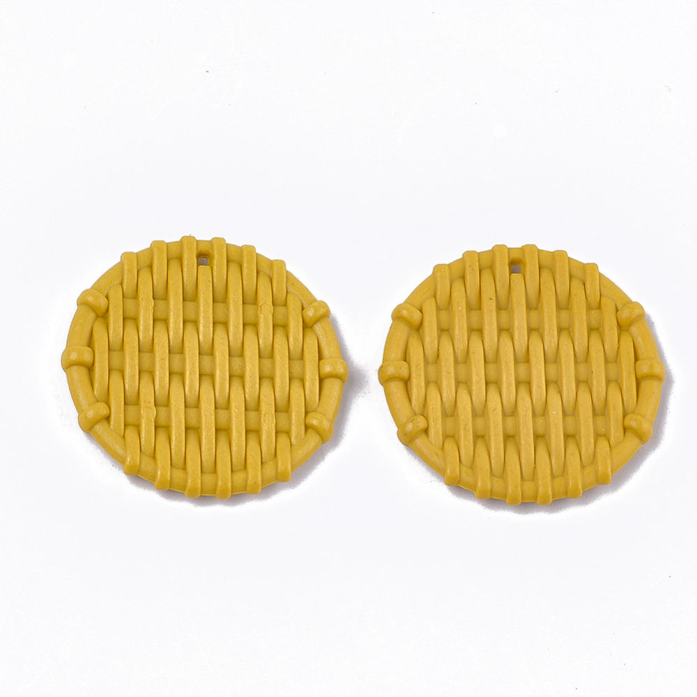 4pc Acrylic Pendants Gold Imitation Woven Rattan Flat Round 38mm Jewellery Makin