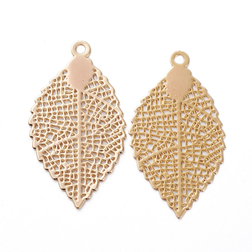 22.5x12.5mm Brass Filigree Pendants, Real 18K Gold Plated, Leaf 5pcs