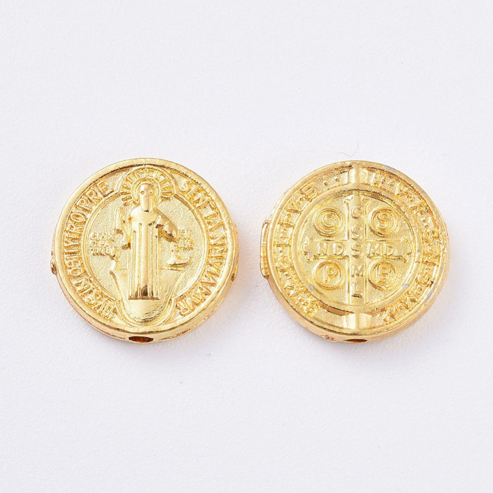 10mm Flat Round, Saint Benedict, Easter, Golden Alloy Beads 5pcs